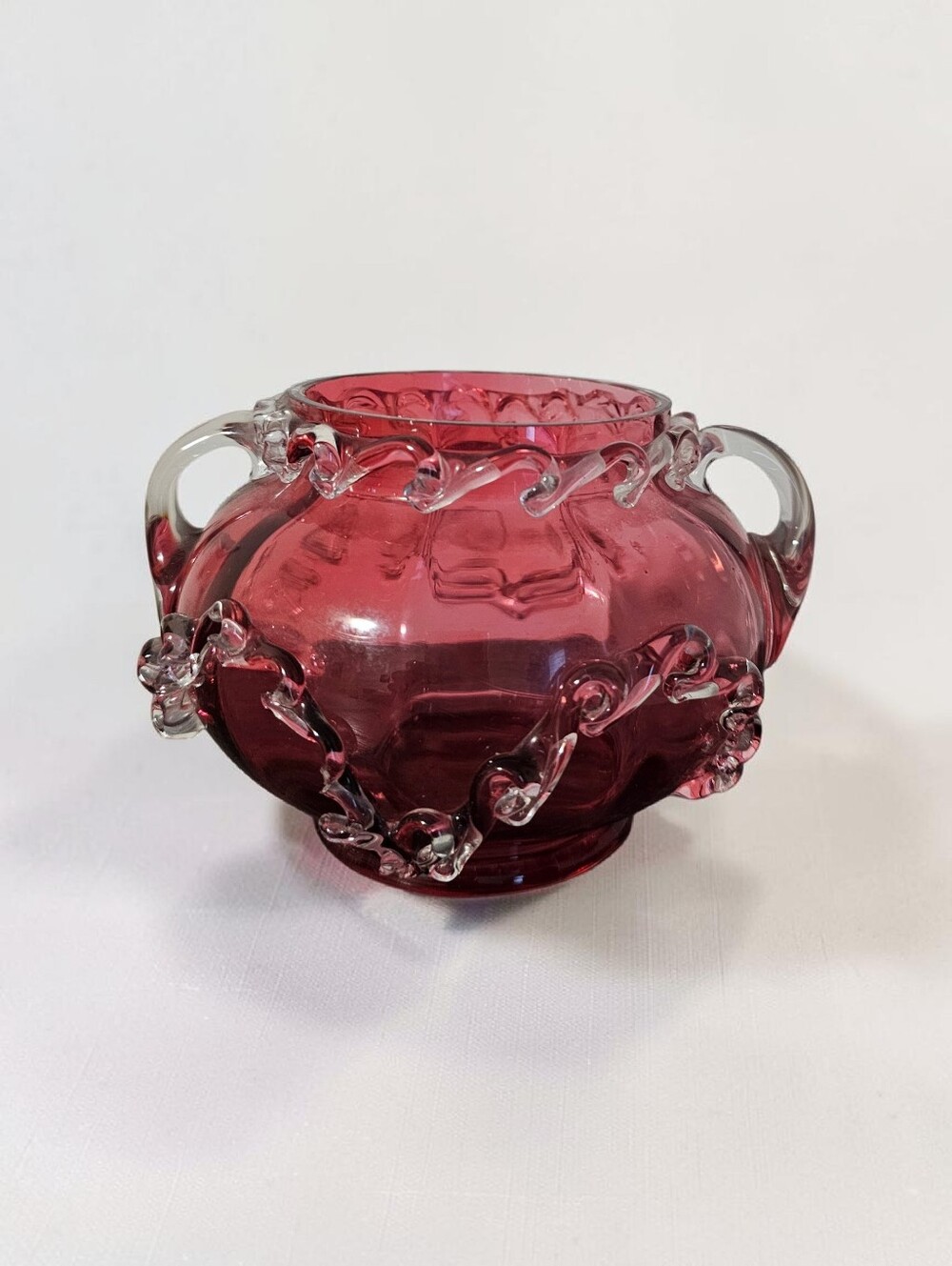 Victorian Cranberry Glass, Hand Blown Double-Handled Decorative Vase/Bowl.